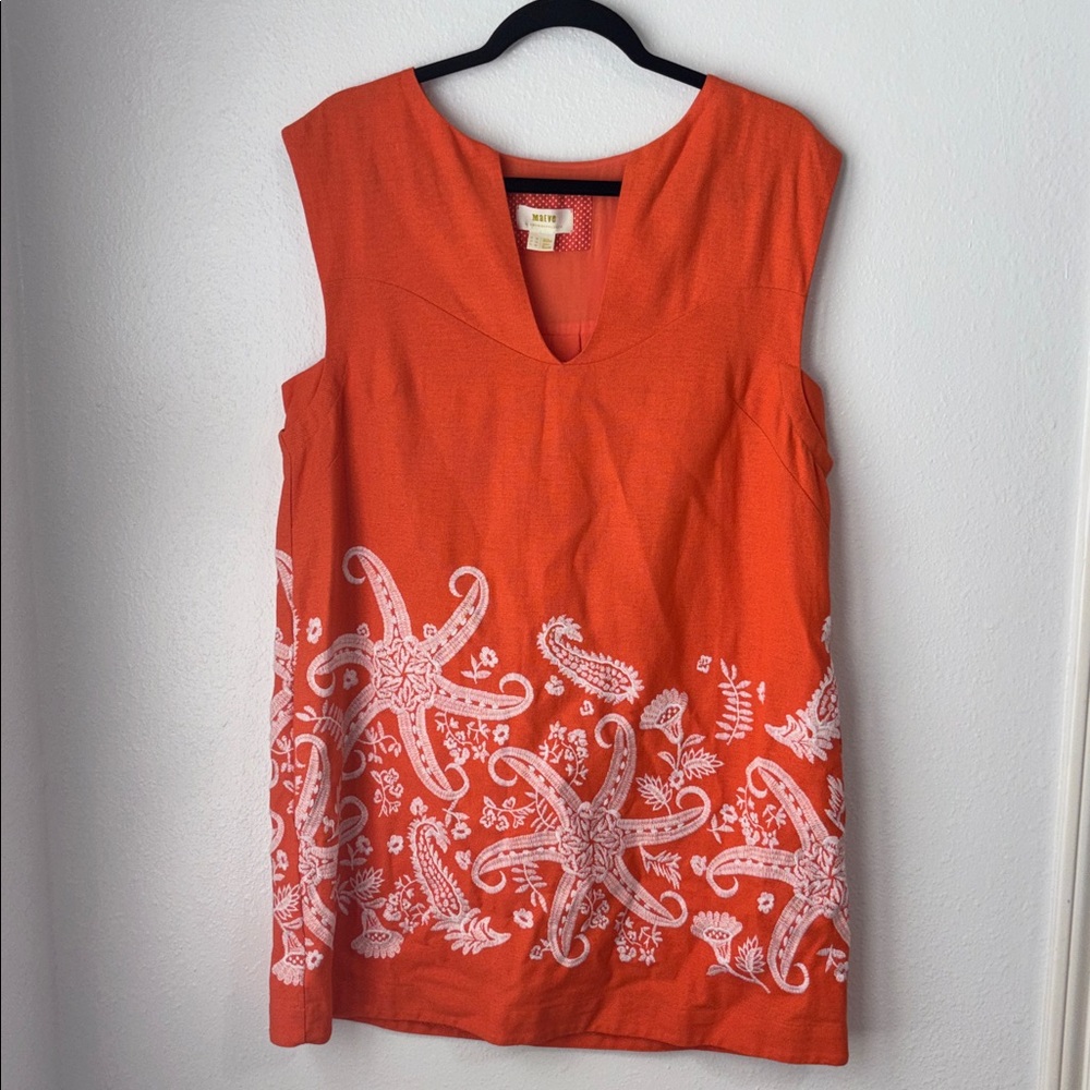 Anthropologie Maeve Orange Starfish Embroidered Sleeveless Tunic Dress size 12